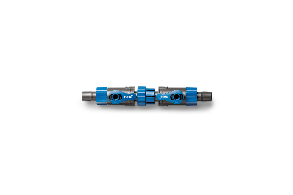 Rubinetto doppio ShutOff Valve Oase 16/22 mm per acquari, in plastica blu con manopole nere Rubinetto doppio ShutOff Valve Oase 16/22 mm per acquari, in plastica blu con manopole nere